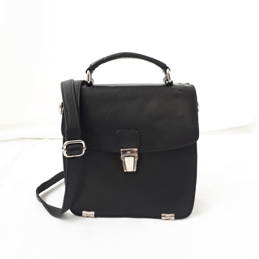 Vintage Black Leather Handbag with Silver Details